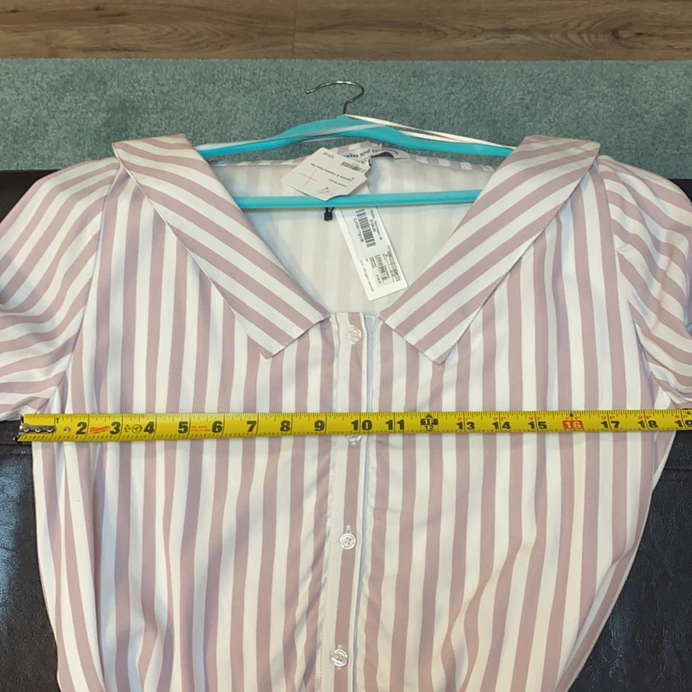 White/Lavender Striped Button Down Tie Dress - Picture 4 of 5